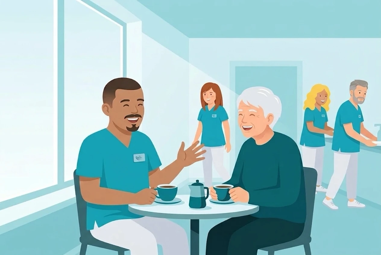 Betreuungskraft trinkt Kaffee mit einer Seniorin