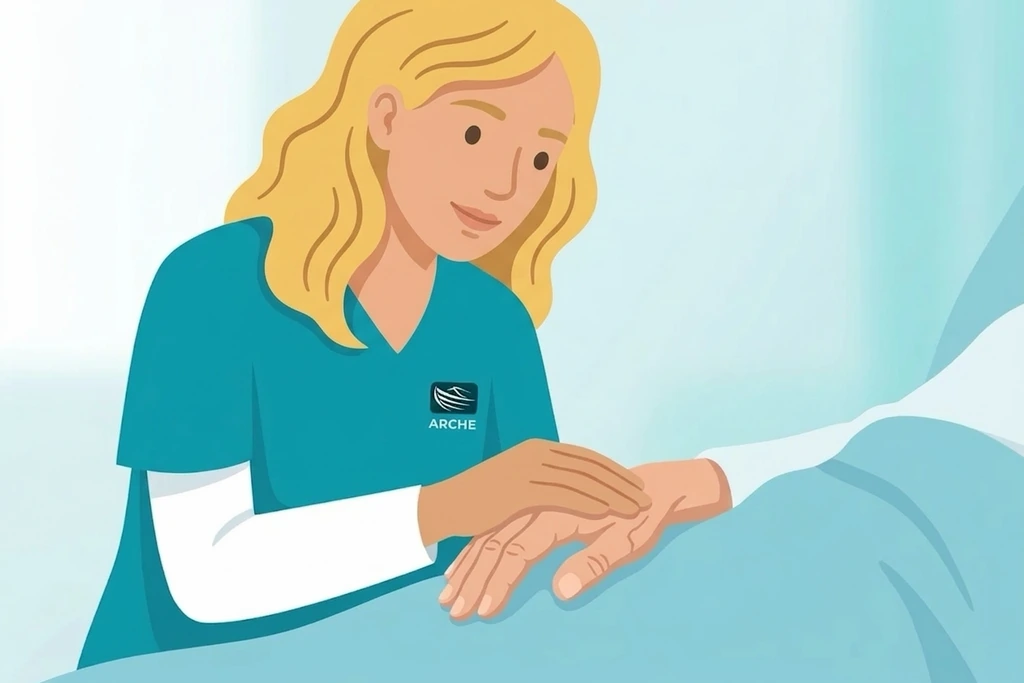 Eine Pflegekraft legt einer Patientin tröstend die Hand auf die Hand