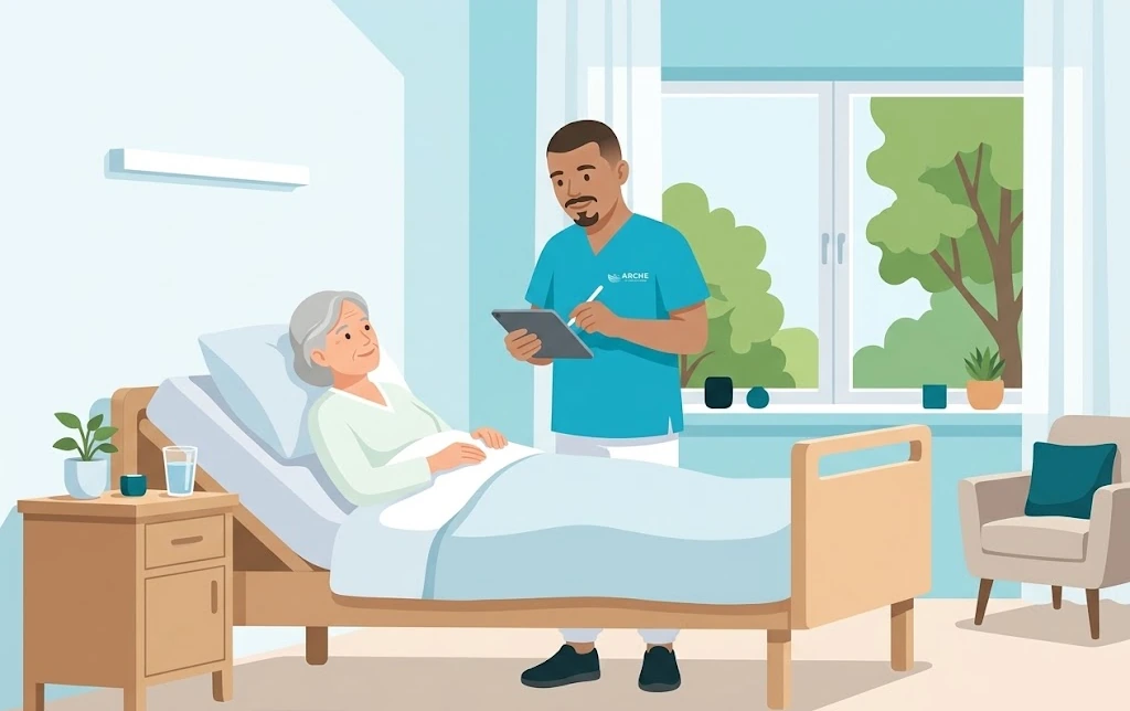 Eine Pflegekraft hält behutsam die Hände einer Patientin