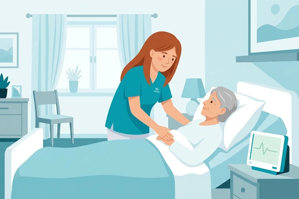 Pflegekraft dokumentiert am Bett eines Patienten zu Hause