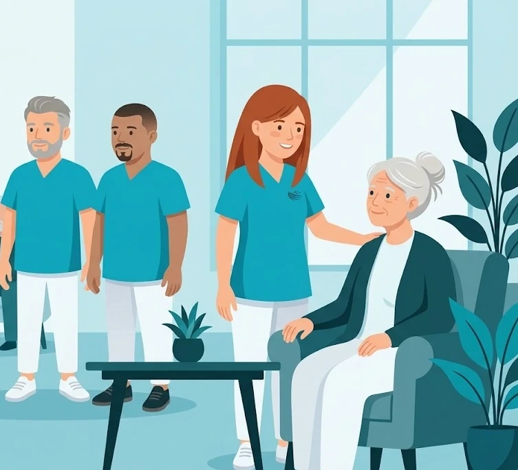 Pflegeteam im Wohnzimmer einer Familie