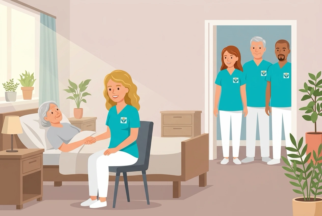 Eine Pflegekraft hält am Bett die Hand einer Seniorin, das Team steht in der Tür