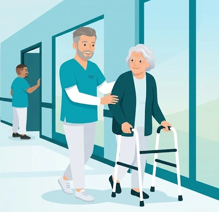 Eine Pflegekraft begleitet eine Seniorin mit Rollator über den Flur
